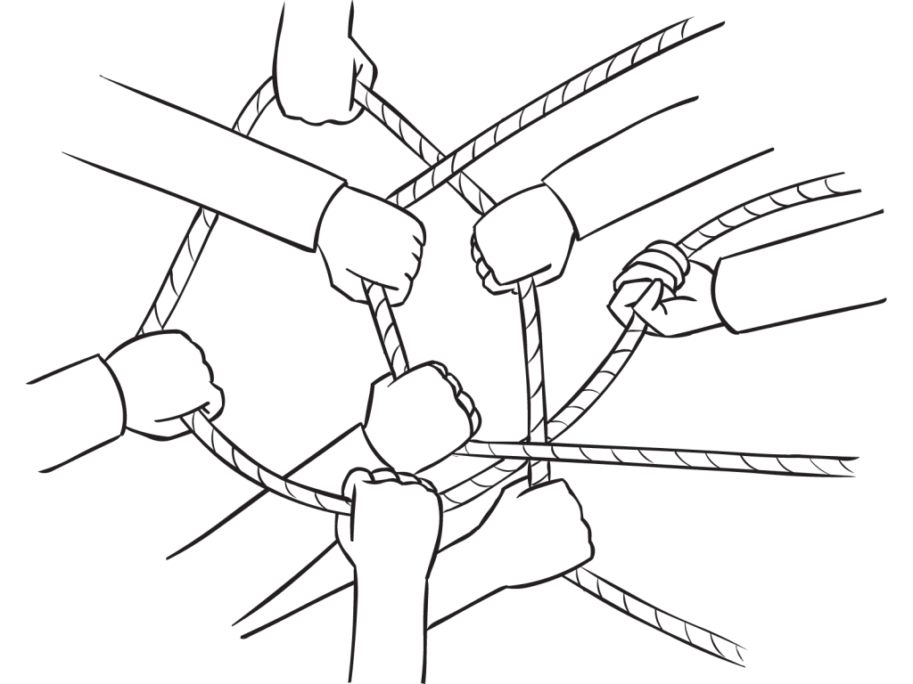 Group of hands holding onto a cross cross of ropes as part of group initiative Knot My Problem