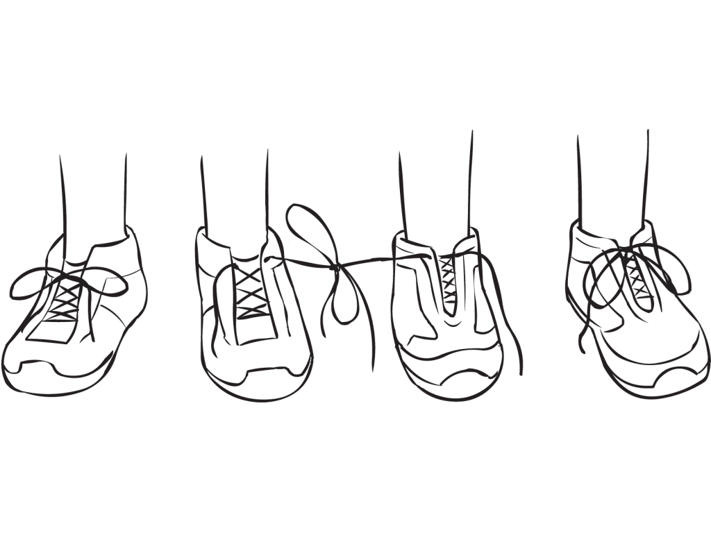 Two pairs of shoes with laces of two shoes tied together, as featured in fun partner get-to-know-you game called Tiny Teach