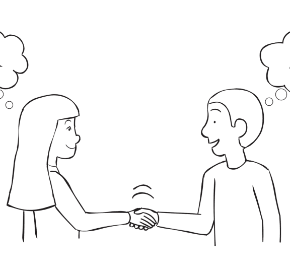 Two people shaking hands thinking of different number, as seen in Physic Handshake ice-breaker and random group-splitting exercise