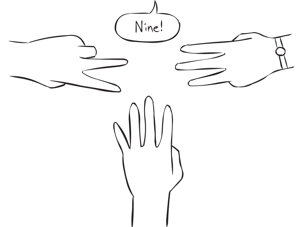 Three hands with outstretched fingers as featured in small group mathematics energiser called 1-2-3-4