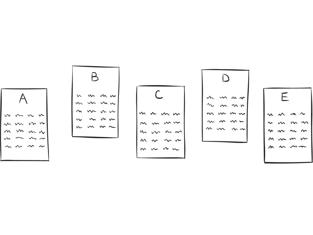 Five index cards with series of numbers printed on them, as used in Birthday Numbers team puzzle