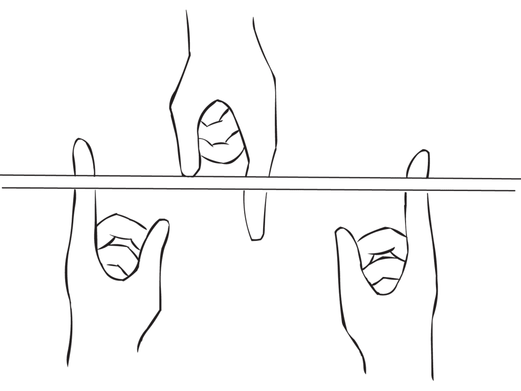 Three hands and fingers underneath a straight stick as seen in challenging group initiative called Helium Stick