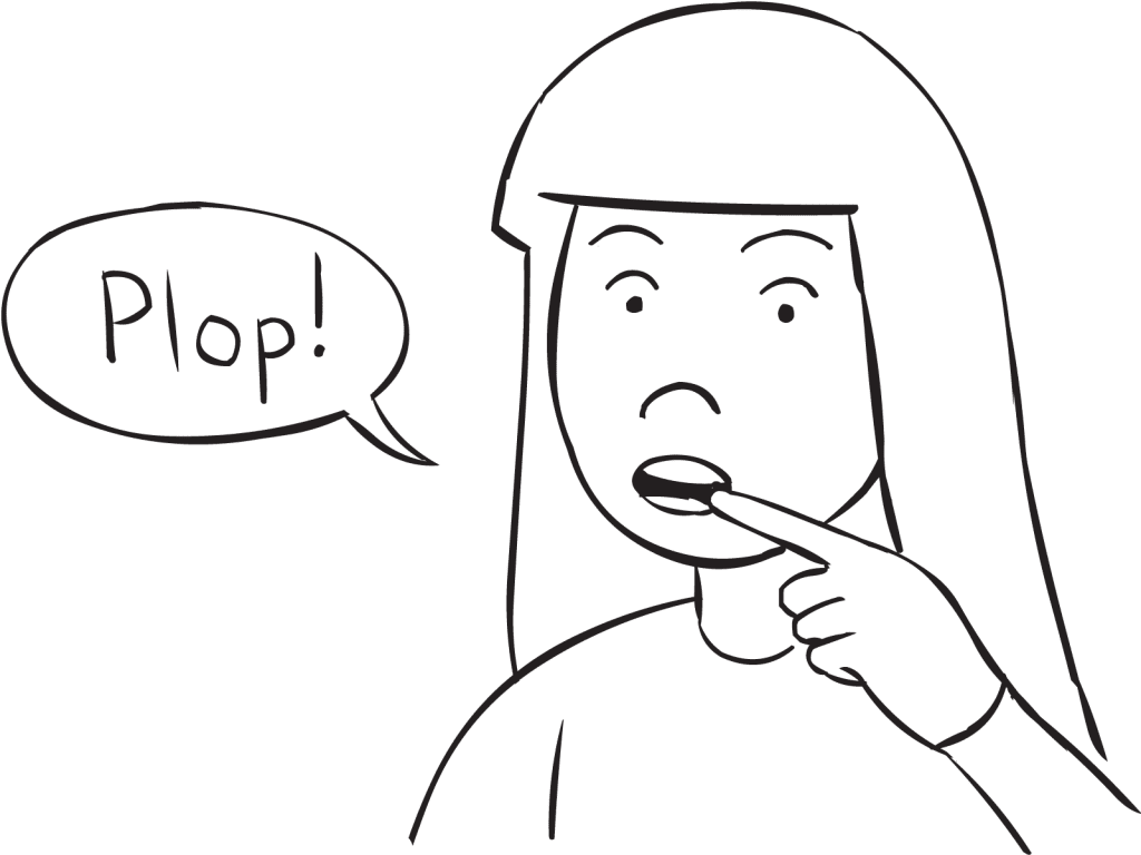 Woman pulling finger from mouth to make plopping sound, as occurs in PDQ group game