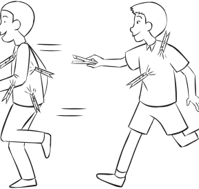 Two men running around in tag and PE game called Clothes-Peg Tag