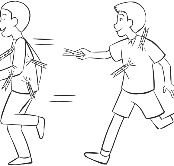 Two men running around in tag and PE game called Clothes-Peg Tag