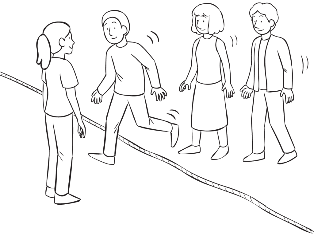 Group of people walking across a rope on the ground, as part of time estimation challenge called About Now