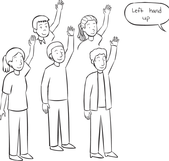 Group of people with left arms in the air, playing Simon Says Stretch