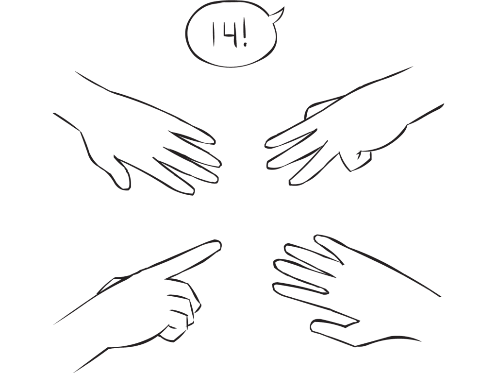 Four hands with outstretched fingers involved in fun small group mathematical exercise called Your Add as also featured in Around The World