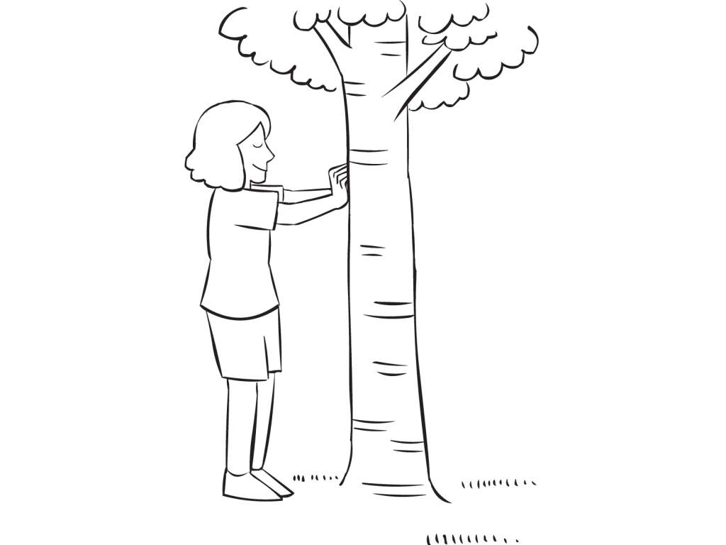 Woman touching a tree with eyes closed, as seen in Hug A Tree trust exercise