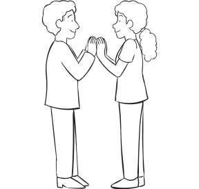 Two people facing each other with palms touching, as starting position for fun partner game called Palm Off