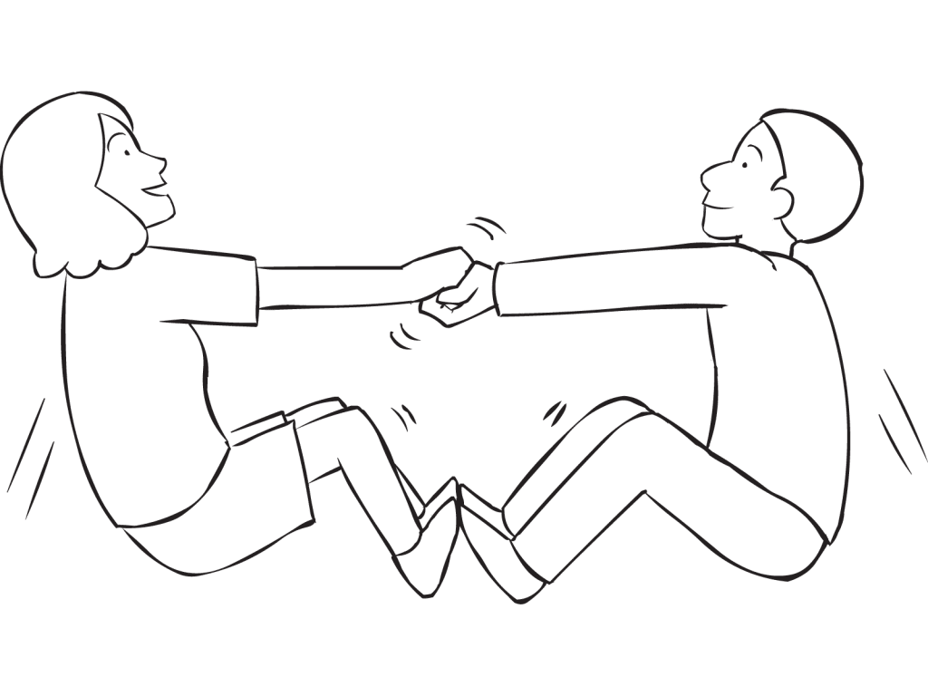 Two people holding hands trying to pull themselves off the ground in team-building exercise called Everybody Up