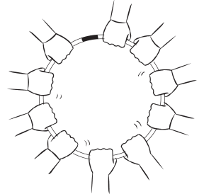 Overhead view of group of hands holding onto a hula hoop, as seen in Hula Hoop Debrief