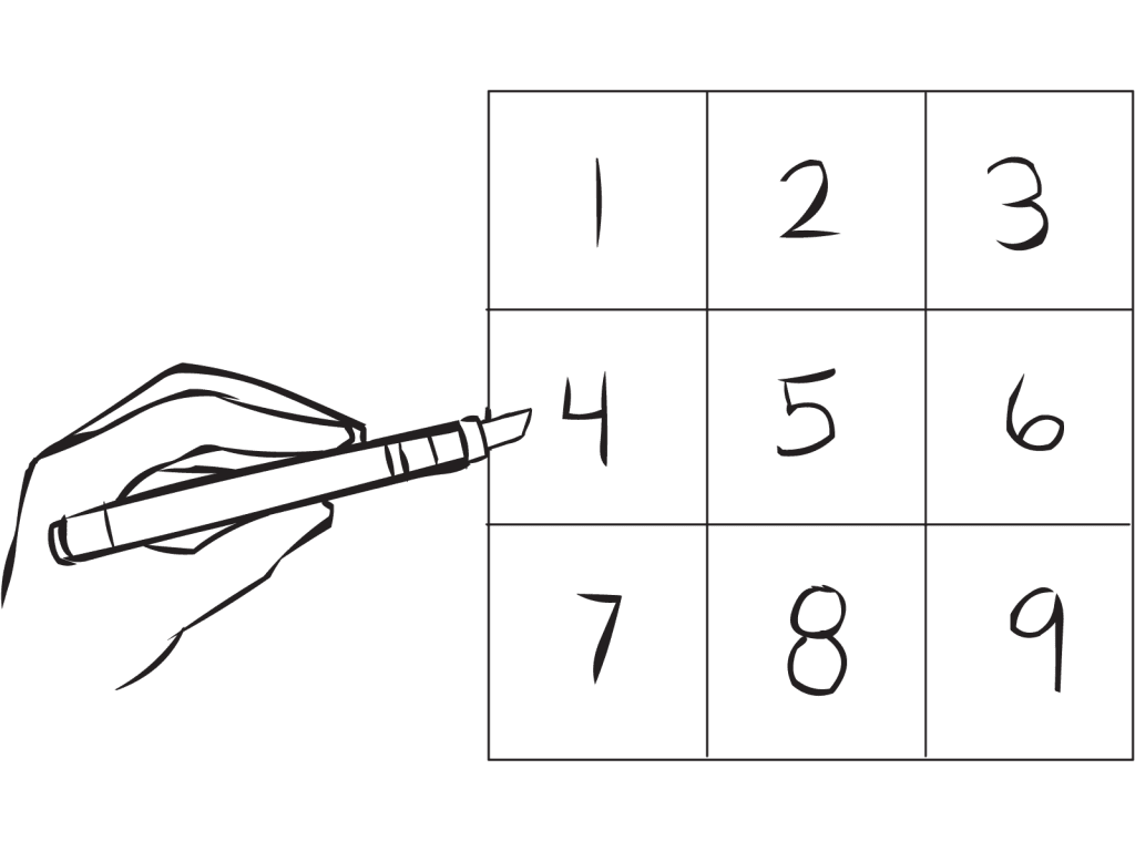 Large square with nine boxes with number 1 to 9 marked inside them, as used in Magic Nine Numbers team puzzle