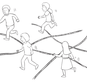 Group of people traversing an area of ropes laying on the ground, in team-building group initiative called Watch Your Step