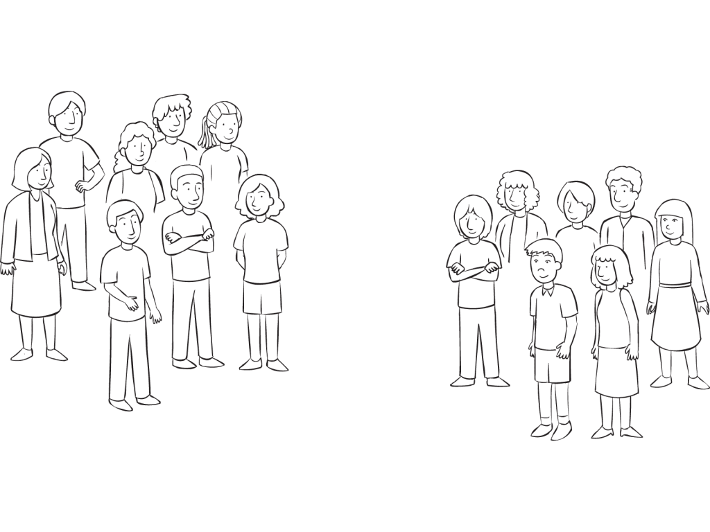 Two groups of people standing a distance apart, as the result of using a fun Getting Into Teams strategy