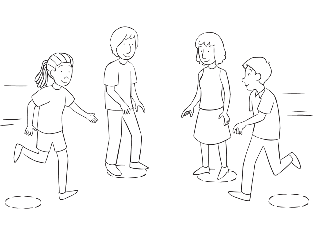 Group of people moving places in a circle, as seen in problem-solving activity called Commitment