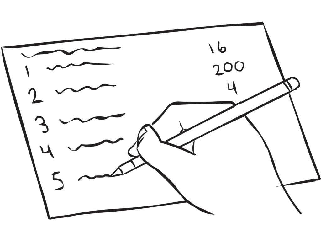 Hand marking a sheet of paper with series of questions, as played in small group get-to-know-you exercise called Nonsense Numbers