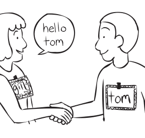 Two people shaking hands in a fun get-to-know-you Name-Tag game