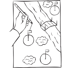 Paper with various golf tees and hazards and a hand holding a pen playing Paper Golf