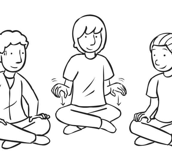 Three people sitting in a circle tapping their hands in energiser called Galloping Hands