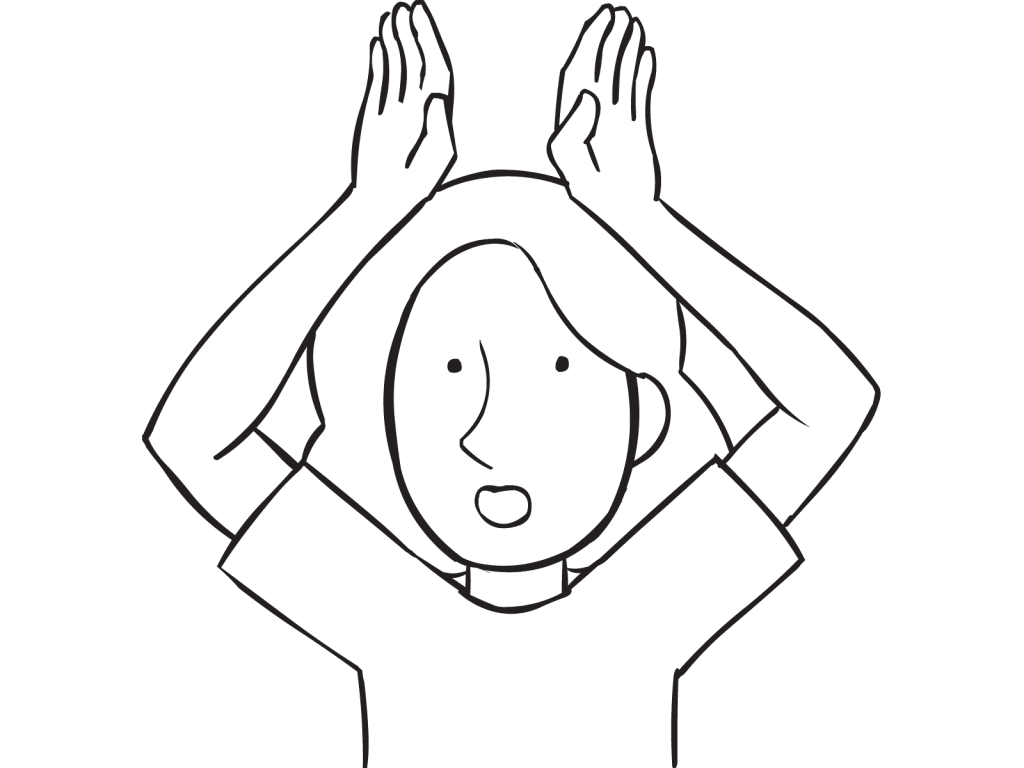 Person holding two hands above head as if they were rabbit ears, as played in Superiority game