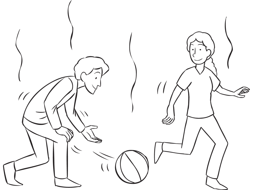 Man hitting ball with open hand towards another person, as seen in fun tag & PE game called Ga-Ga