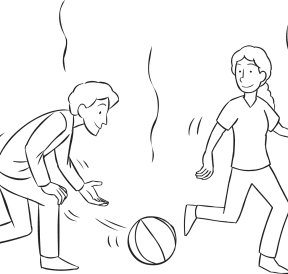 Man hitting ball with open hand towards another person, as seen in fun tag & PE game called Ga-Ga