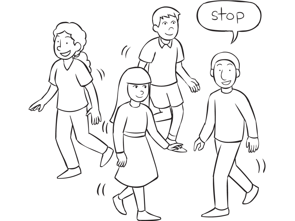 Four people moving about an area with one person saying Stop as part of energiser Walk & Stop