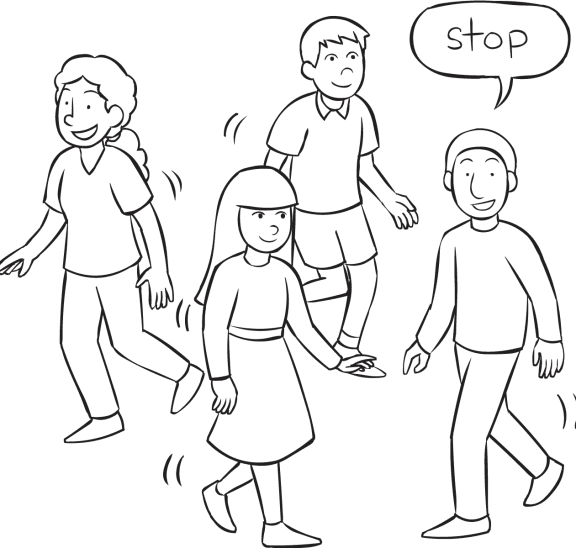 Four people moving about an area with one person saying Stop as part of energiser Walk & Stop