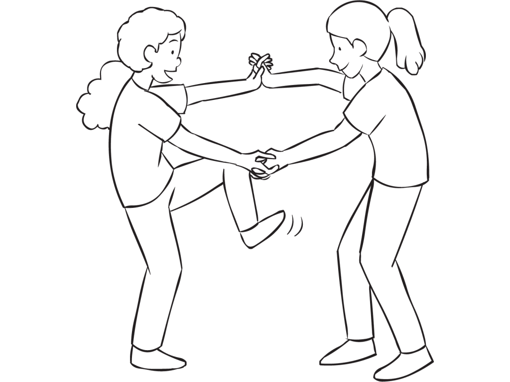 Two women holding hands and attempting to step inside their arms as part of fun energiser Wring-Out Stretch