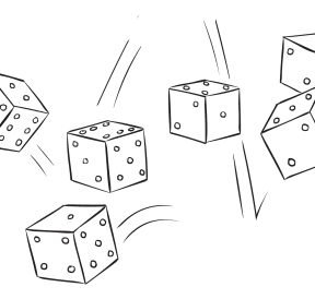 Six dice being rolled as part of the Farkel dice game