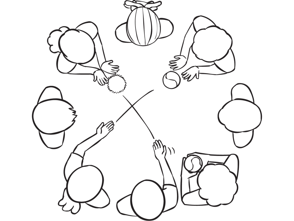 Group Juggle demonstration of passing a series of balls across a circle