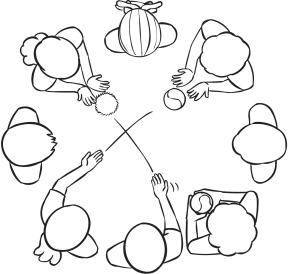 Group Juggle demonstration of passing a series of balls across a circle