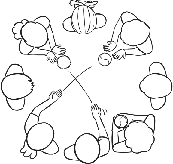 Group Juggle demonstration of passing a series of balls across a circle