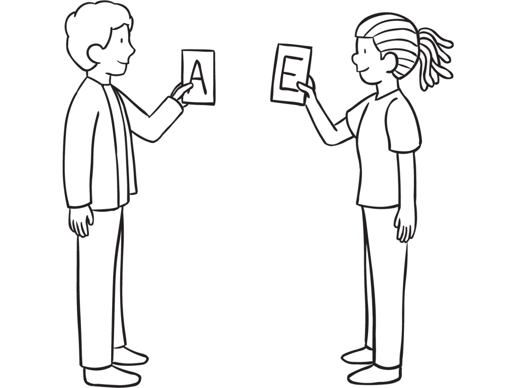 Two people holding letters cards as part of Letter Connection icebreaker game