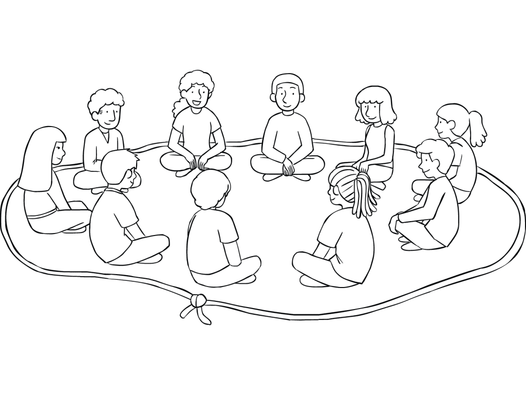 Illustration of group sitting inside rope Island of Healing circle for trust-building