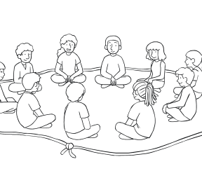 Illustration of group sitting inside rope Island of Healing circle for trust-building