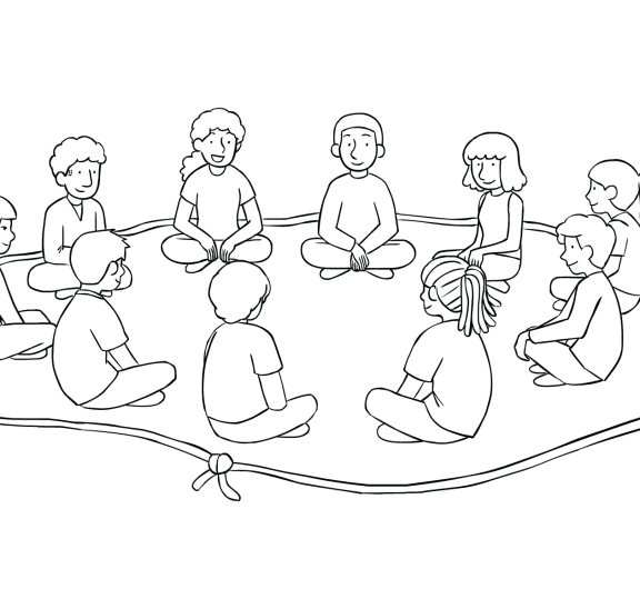 Illustration of group sitting inside rope Island of Healing circle for trust-building