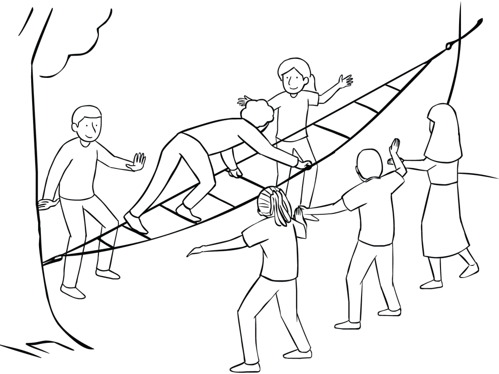 Illustration of group using Fidget Ladder challenge course element