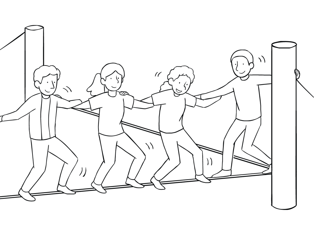 Illustration of group participating in Mohawk Walk challenge course element