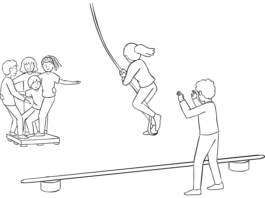 Illustration of group participating in Nitro Crossing challenge course element