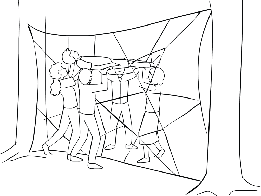 Illustration of group participating in Spider's Web team-building exercise