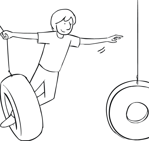 Illustration of man playing on Swinging Tyres challenge course element