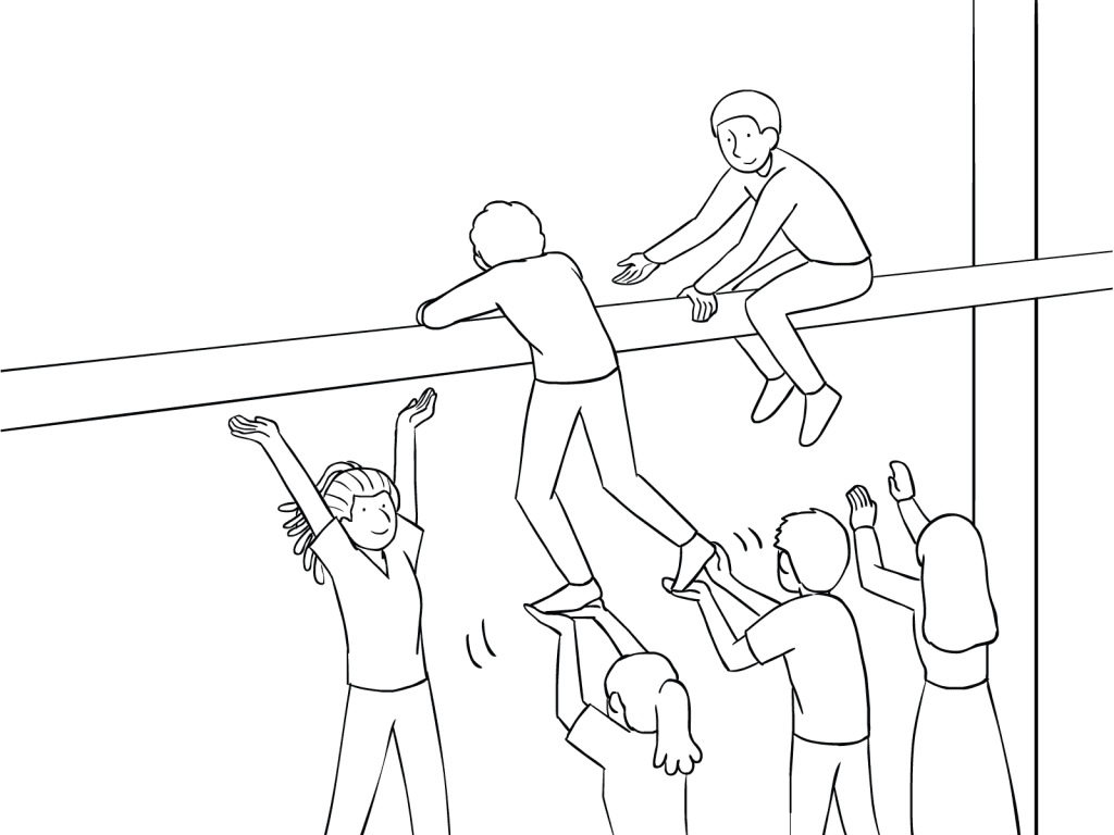 Illustration of group participating in The Beam challenge course element