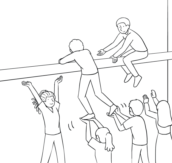 Illustration of group participating in The Beam challenge course element