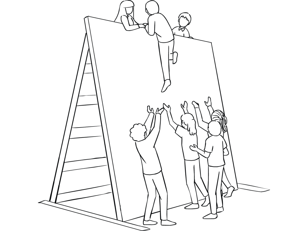 Illustration of group participating in The Wall challenge course element