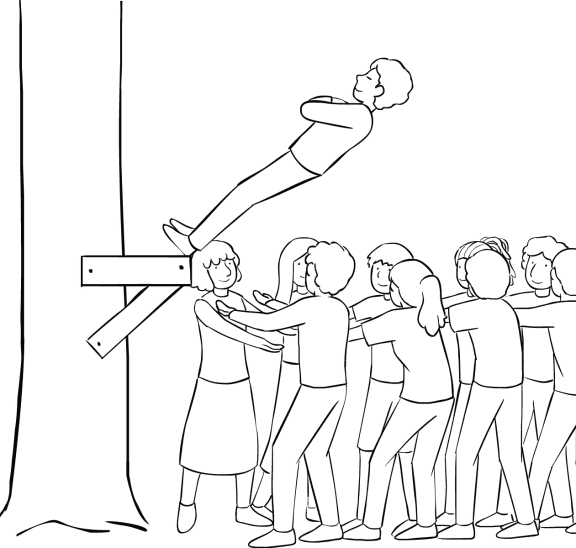 Illustration of group participating in Trust Fall challenge course element