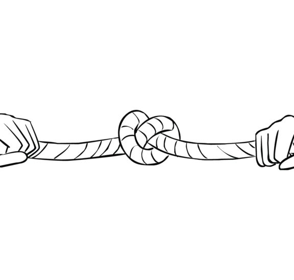 Two people holding a length of rope trying to tie an Overhand Knot