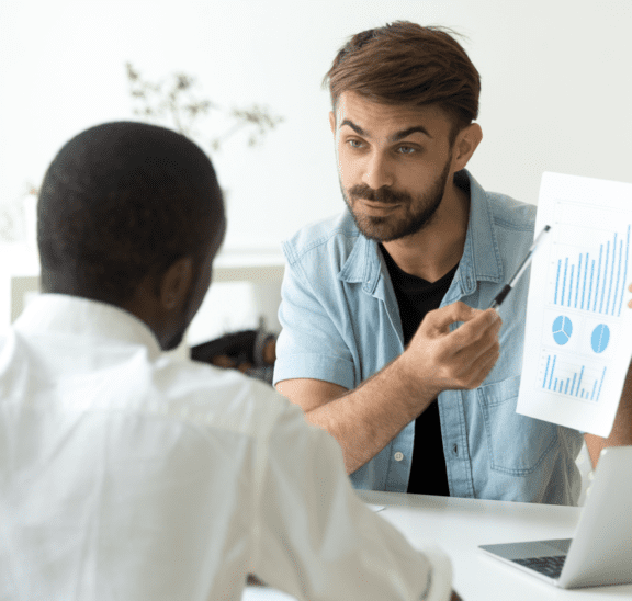 Man convincing another man about case studies